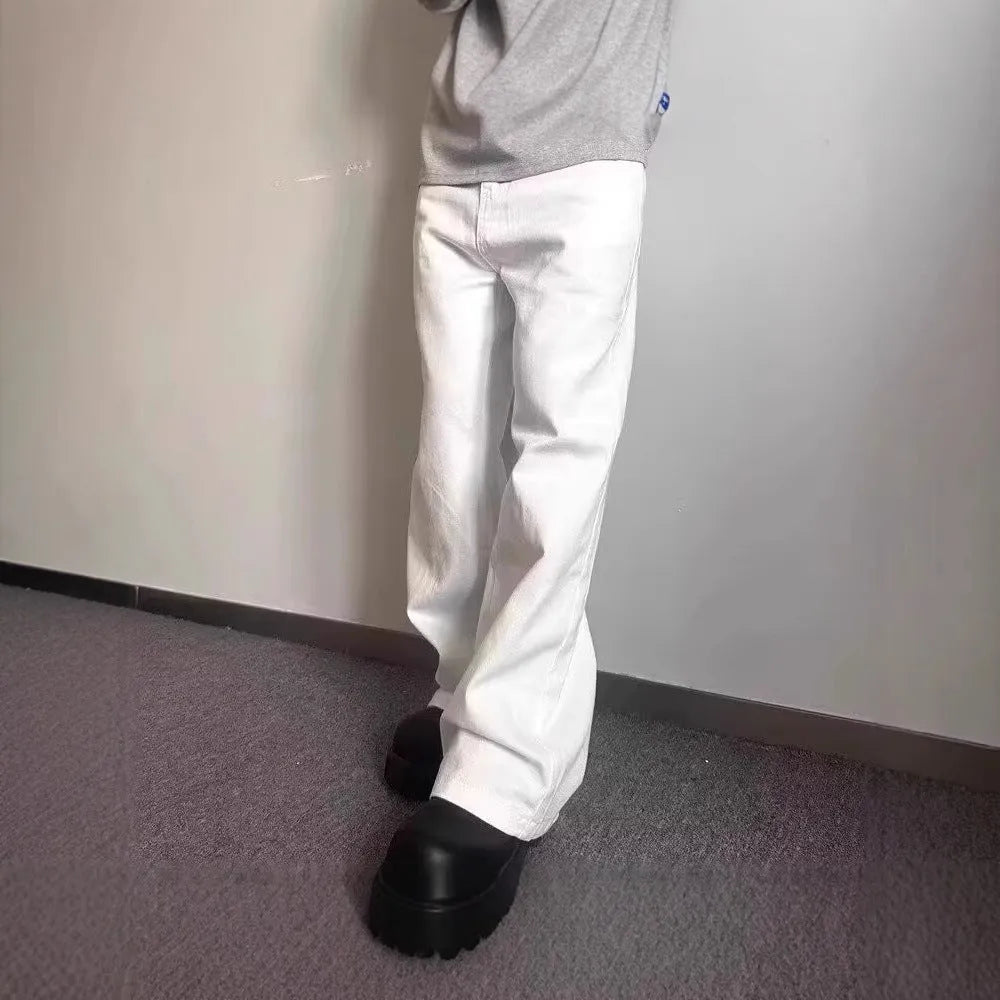 Men's straight leg white cotton denim jeans with wide leg opening and zipper fly