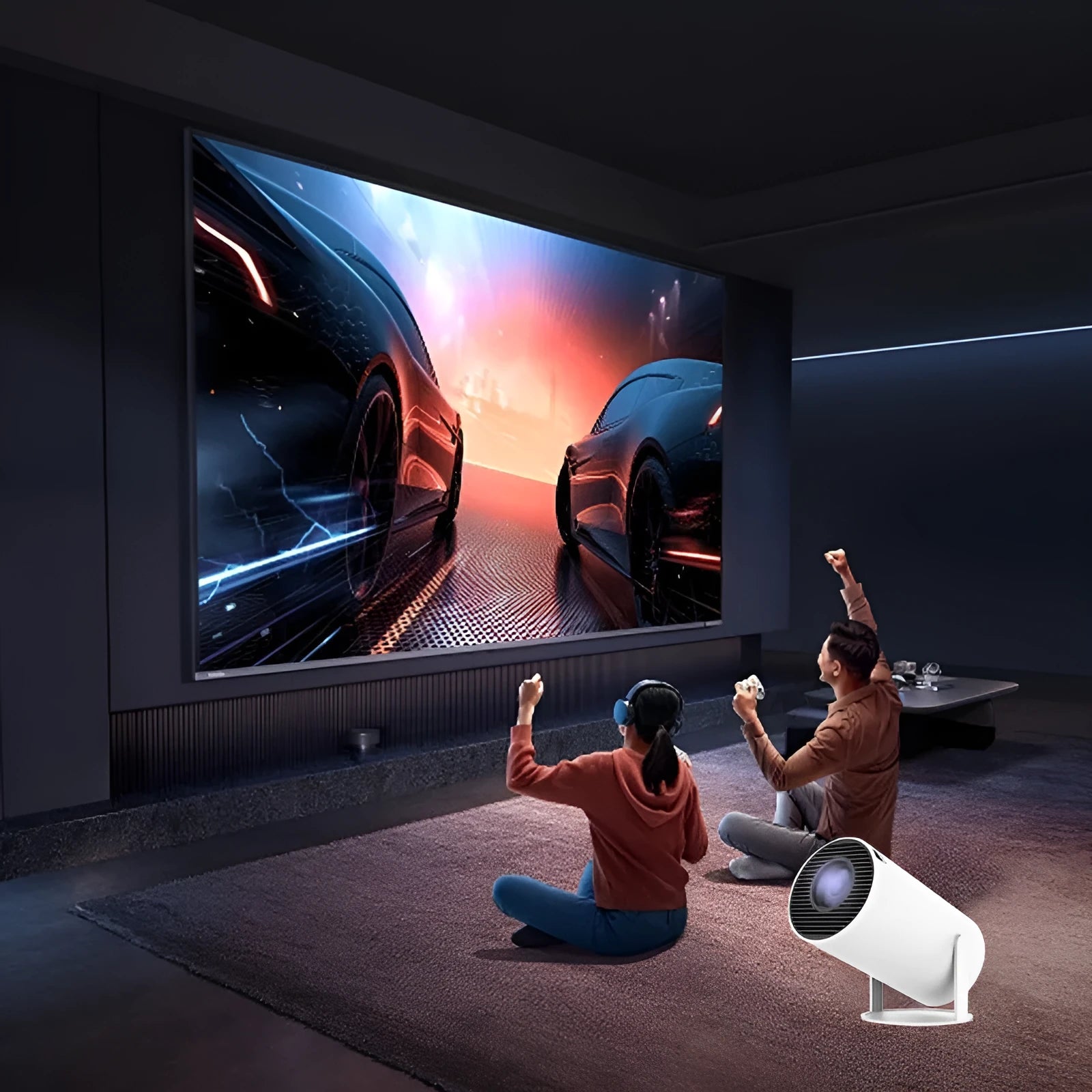 White Barrel X10 PLUS portable HD projector with wireless gamepad and remote control on table