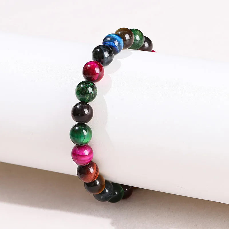 Women's colourful tiger eye gemstone bracelet with round beads in 6mm, 8mm, 10mm, and 12mm sizes