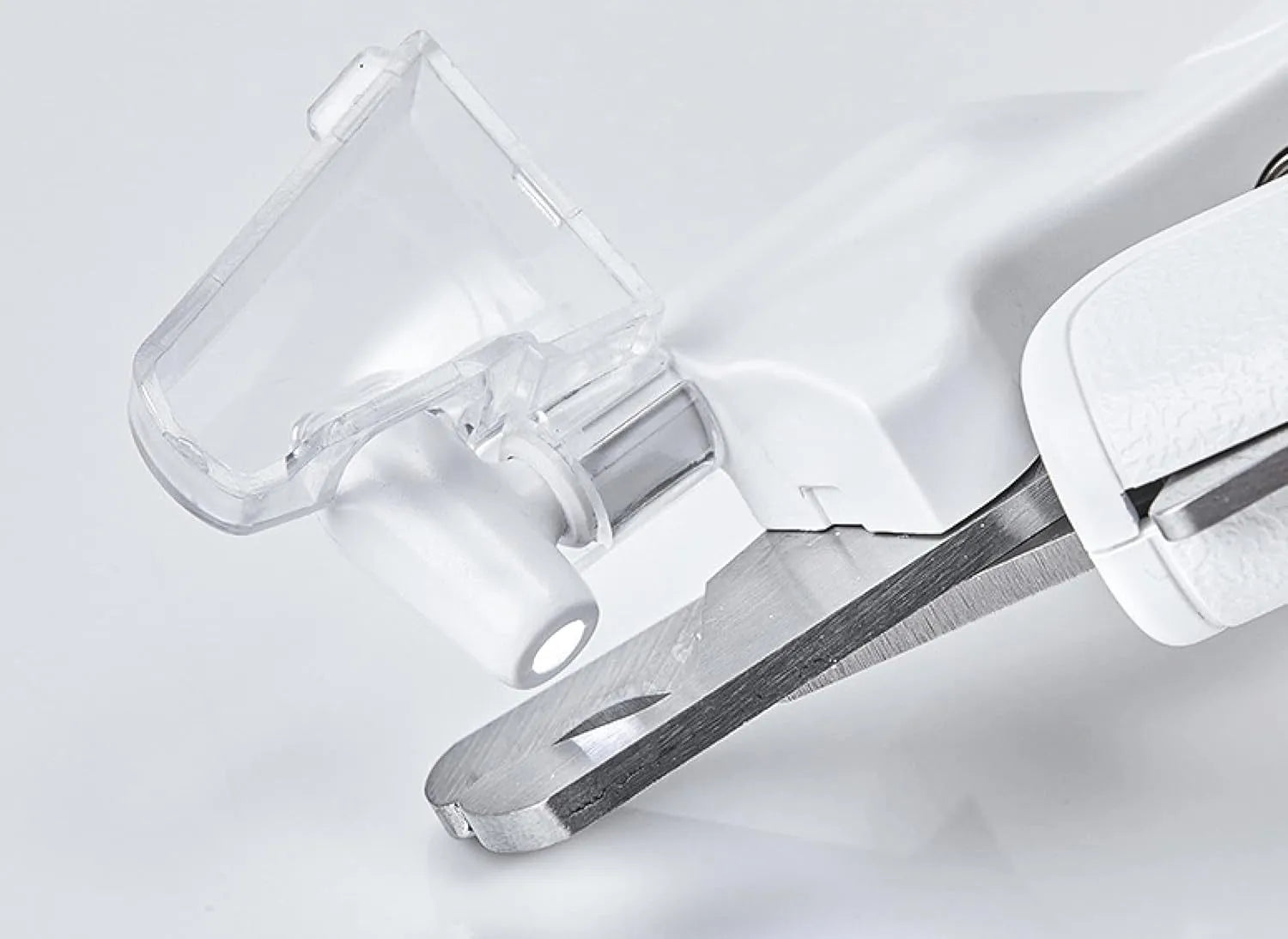 White pet nail clippers with LED light, transparent anti-splash guard, and leather-like handle on a table