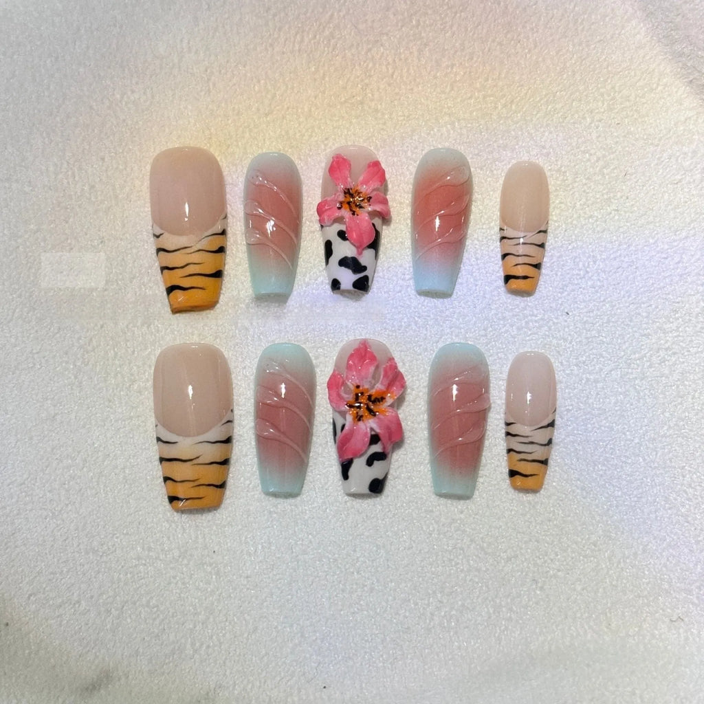 Zebra pattern Lily hand carving nail art set with embossed flower and leopard print designs