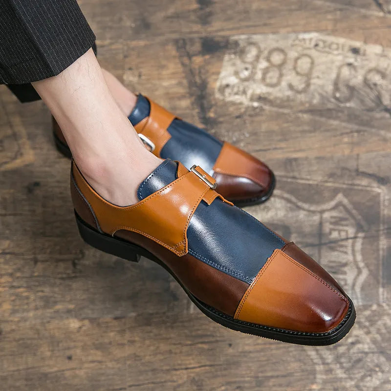 Men's brown-blue and black retro buckle casual leather shoes with a tall crown.