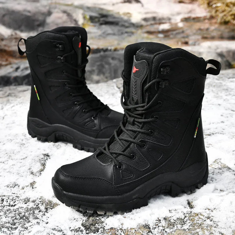 Men's beige cowhide hi-top hiking shoes with a platform sole on a rocky outdoor background.