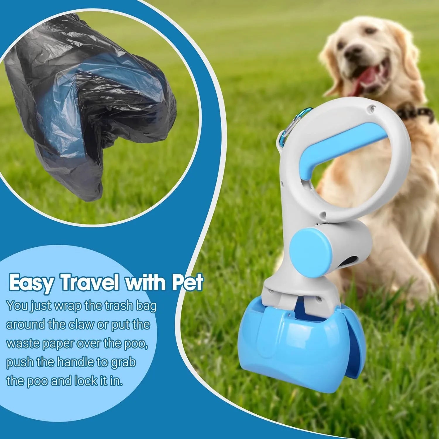 Black ABS plastic pet pooper scooper with built-in trash bag holder and a top carrying hook
