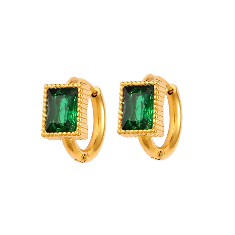 Square zircon stainless steel earrings with geometric design and round ring elements