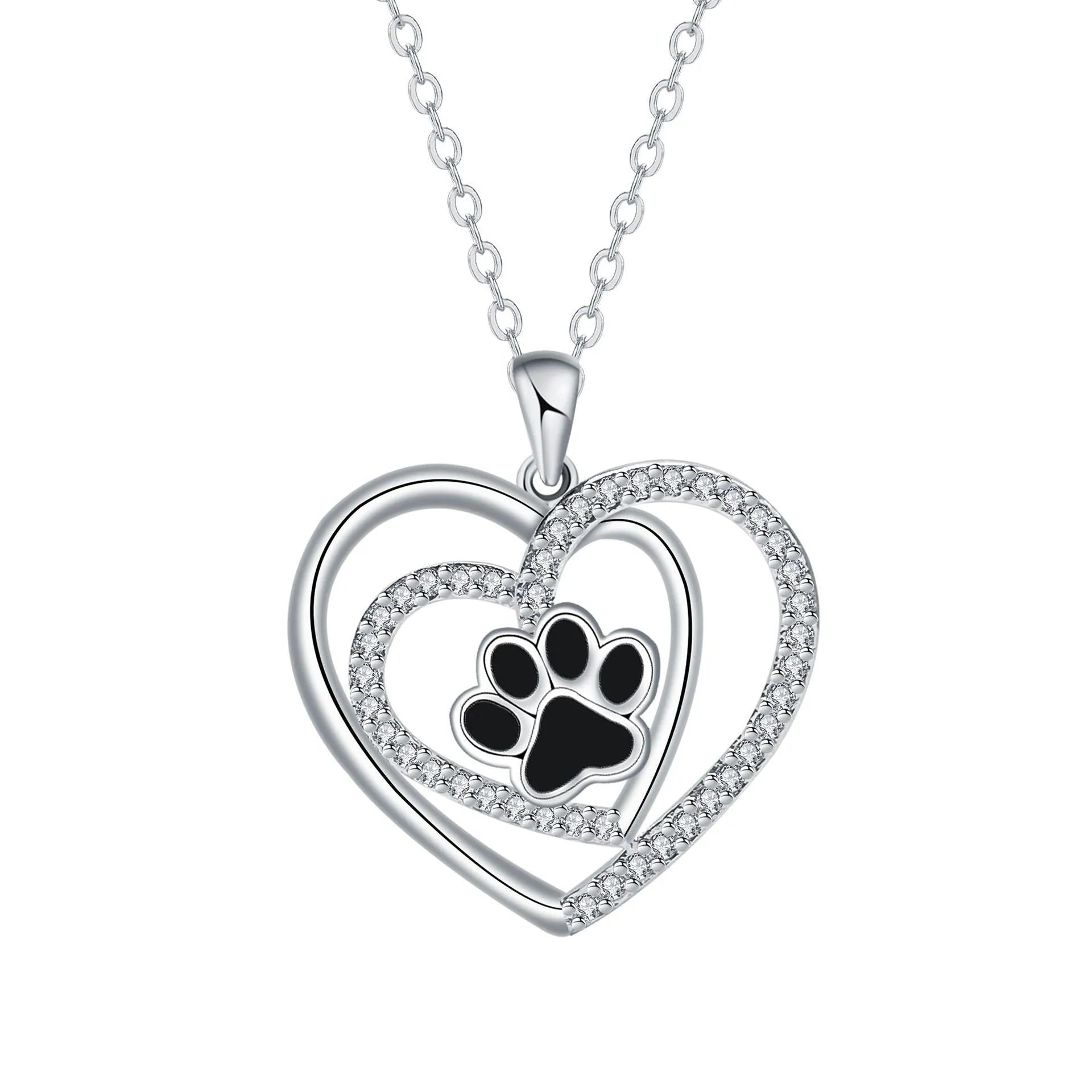 Women's necklace with a copper dog paw print heart pendant on a cross chain.