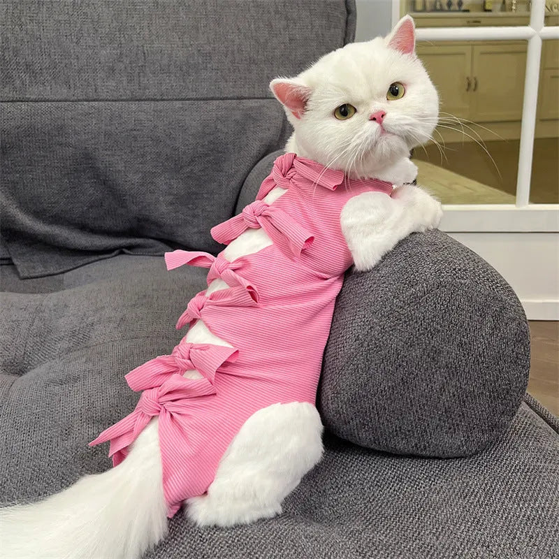 Adjustable lace-up cat sterilisation recovery clothing in polyester fabric showing size and colour options