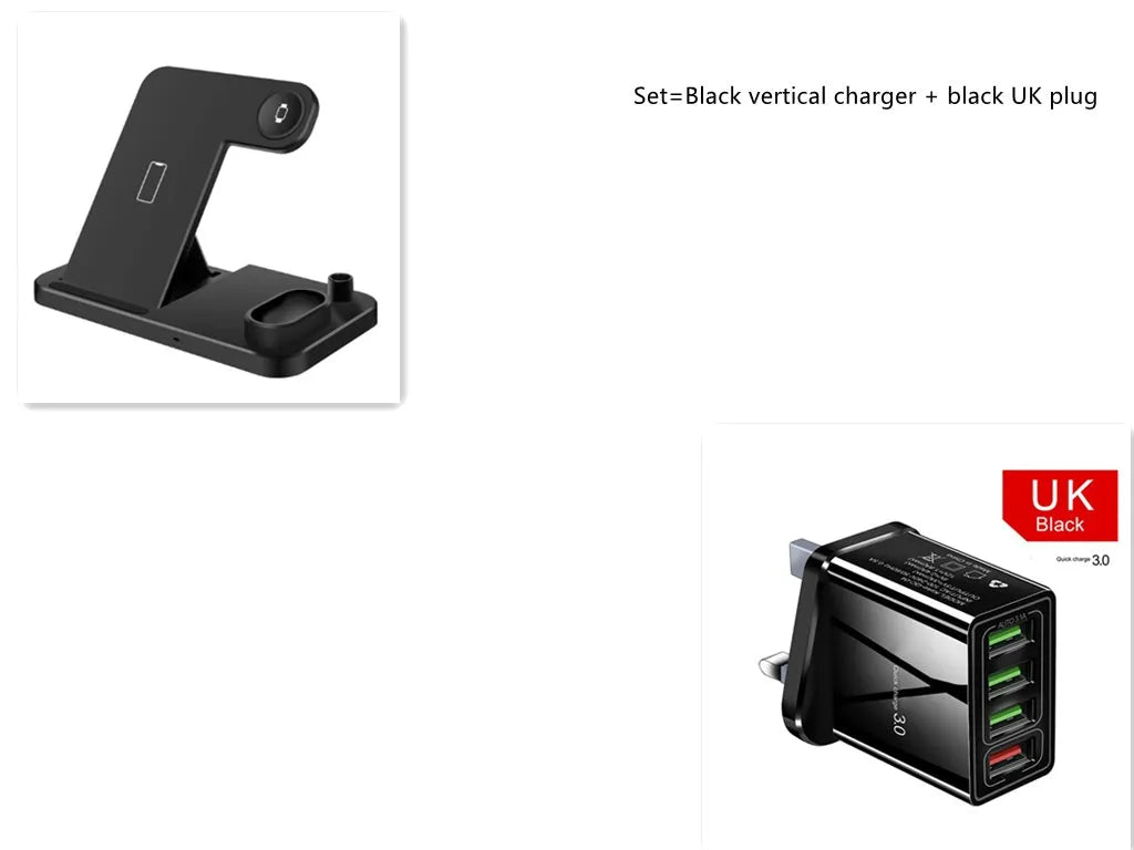 4-in-1 wireless charging station with adjustable stand charging iPhone, Apple Watch, and AirPods