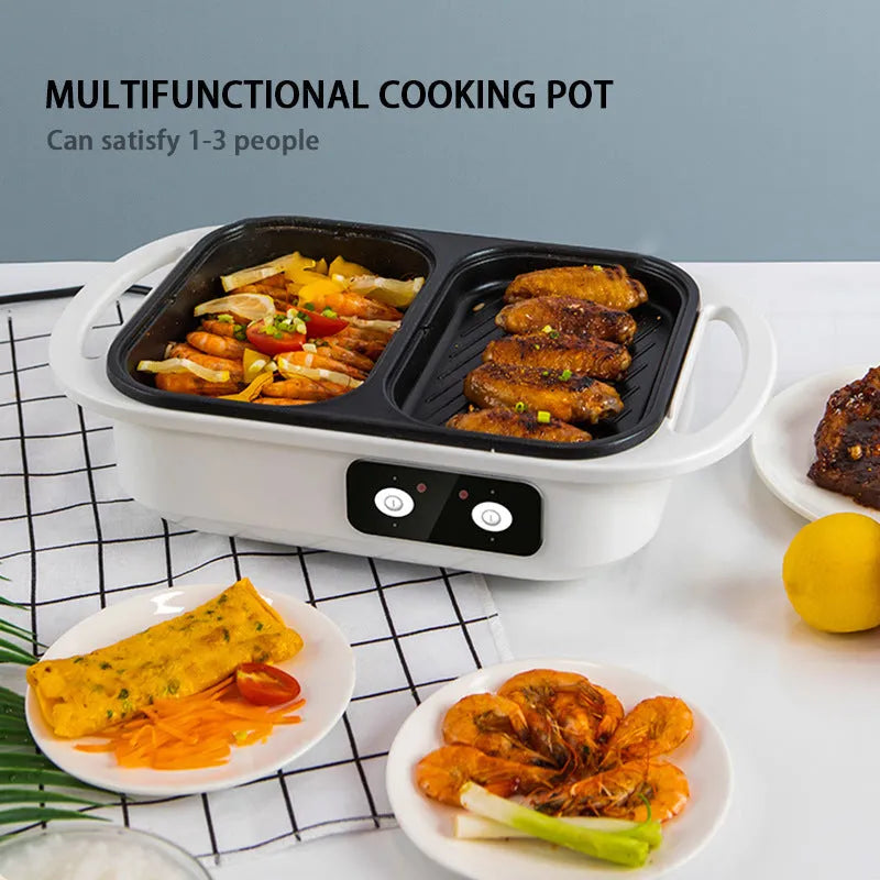 Green and white electric hot pot appliance with mechanical dials, showing dimensions of 390mm by 220mm.