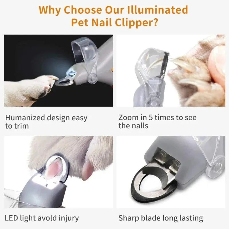 Yellow pet nail clipper with LED light on and magnifying lens visible, showing ergonomic handle design.