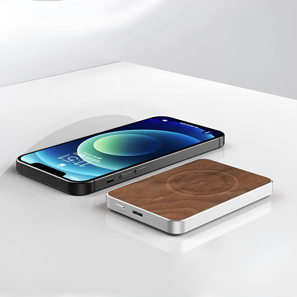 Khaki-coloured magnetic wireless charging bank with 5000mAh capacity and compact design