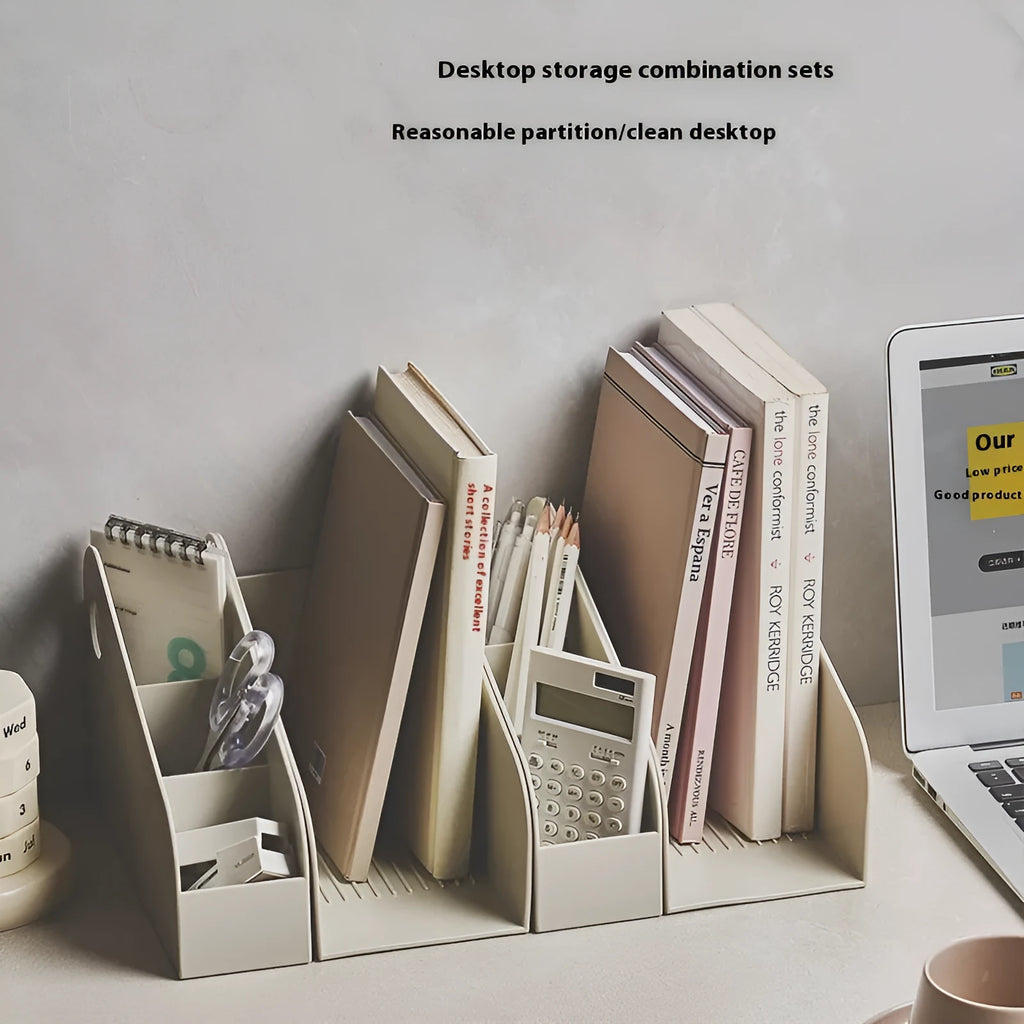 Desktop storage box with two grids for documents and stationery in milk coffee colour