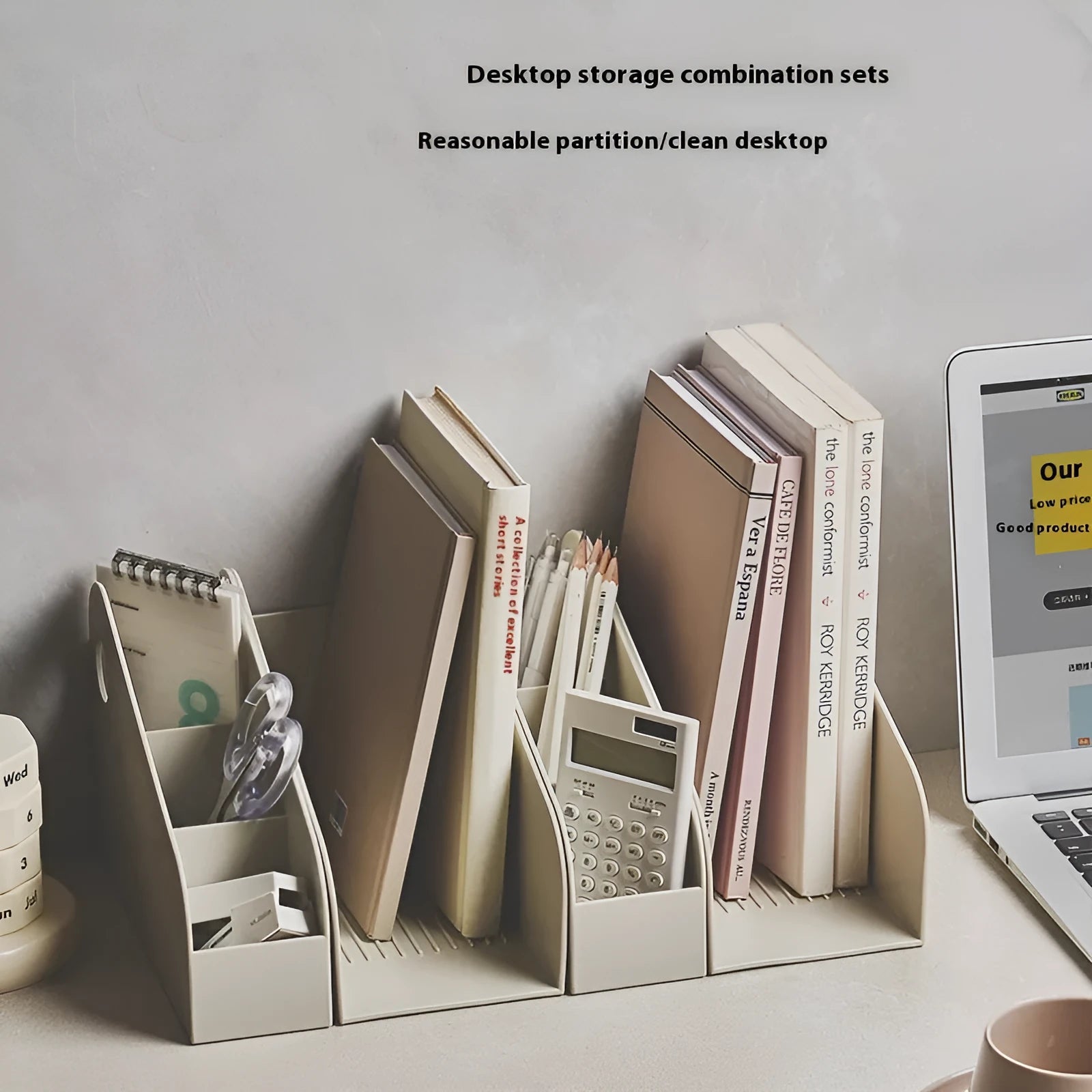Desktop storage box with two grids for documents and stationery in milk coffee colour