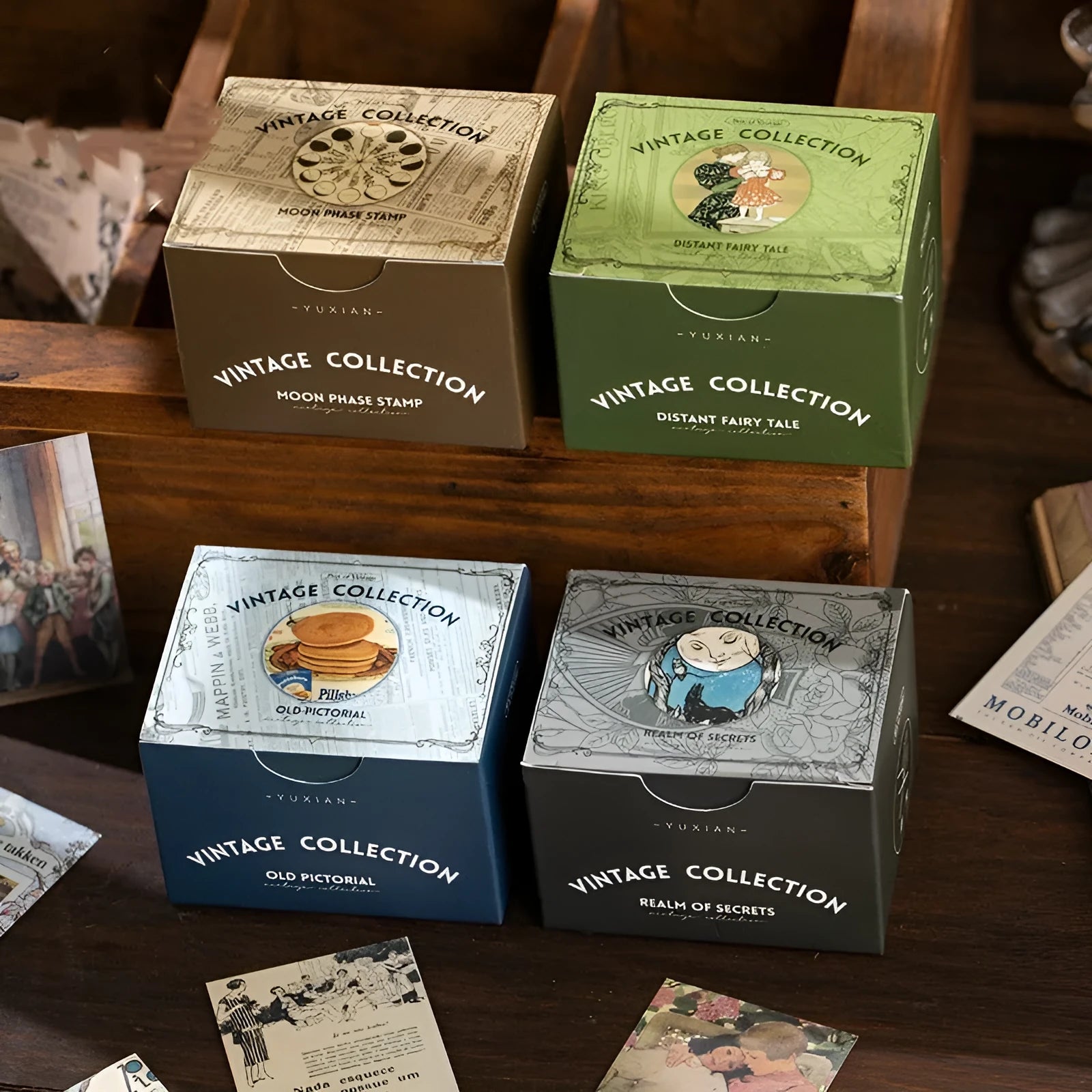 Retro style boxed material stickers set showing 4cm by 6cm dimensions and Secret Land colour design