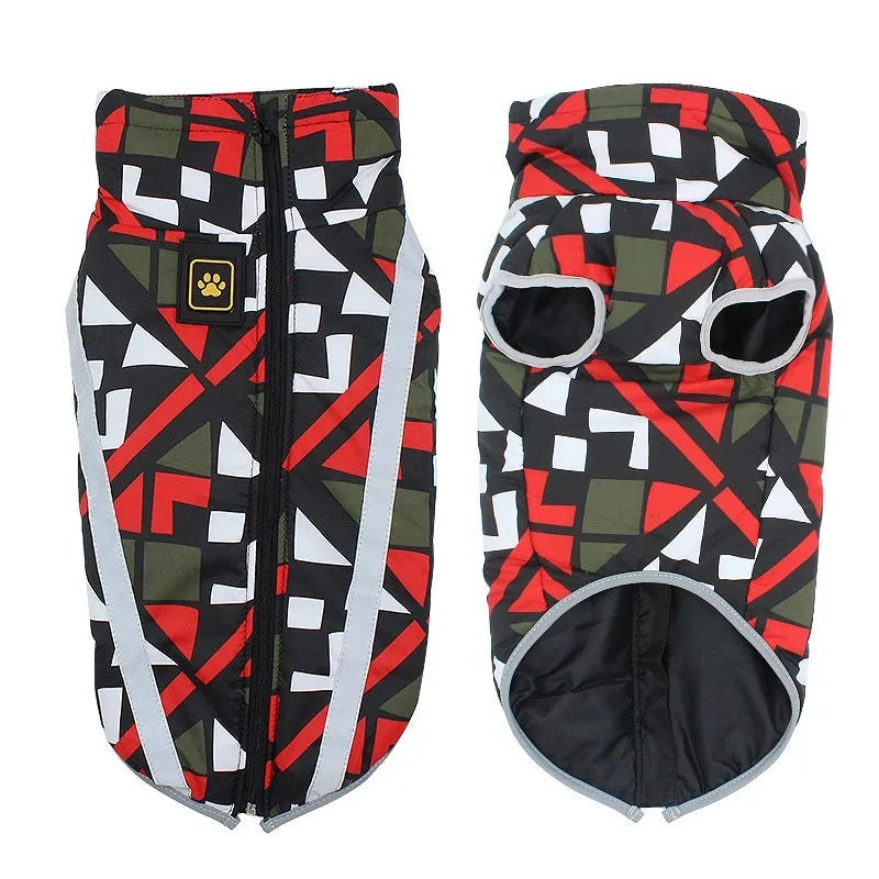 Reflective thick polyester dog jacket for large breeds in geometric blue or graffiti print.