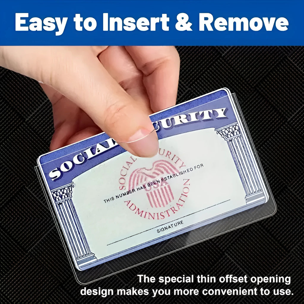 Clear plastic PVC card holder protecting a social security card, showing full card visibility.
