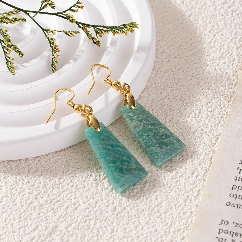 Amazonite rough stone cut trapezoid earrings in geometric design with gold or silver finish