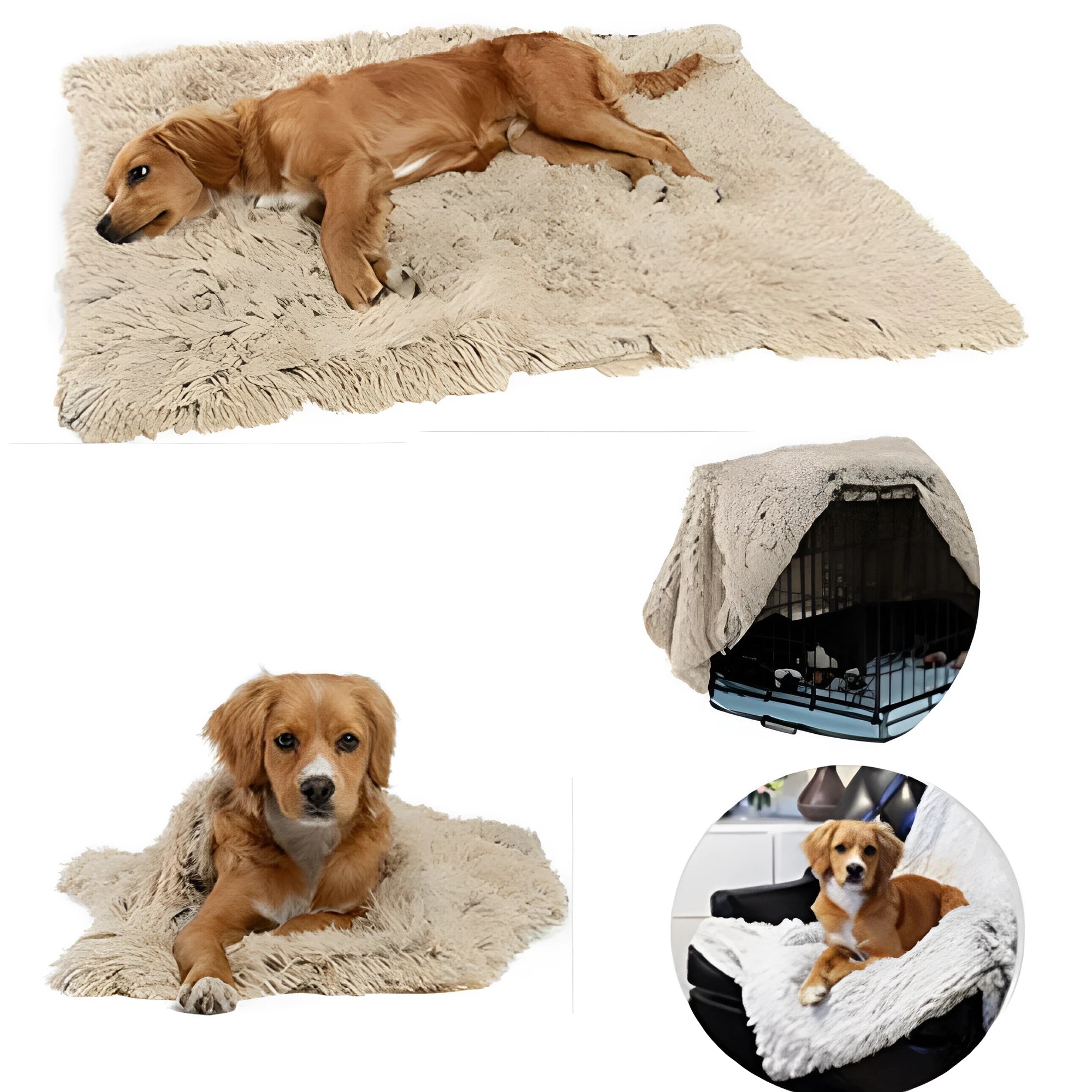 Wool polyester plush dog blanket in grey showing soft texture with size options for medium and large dogs