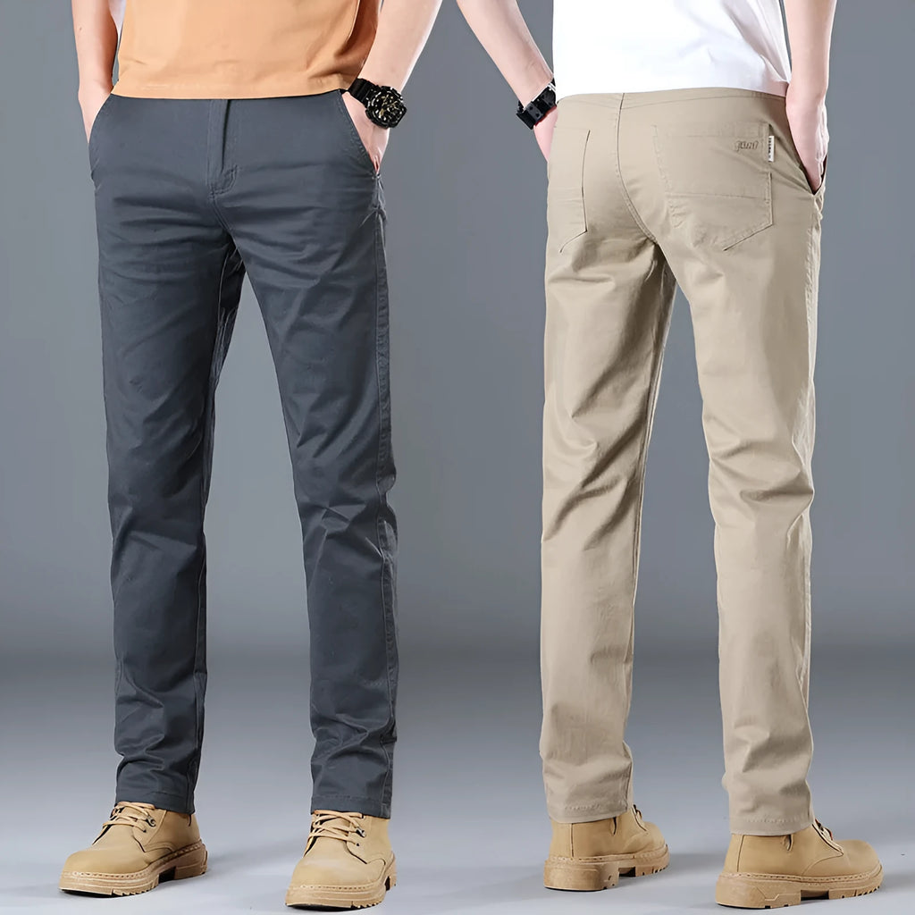 Men's casual pants pure cotton solid colour mid-rise zipper fly Black Gray Khaki