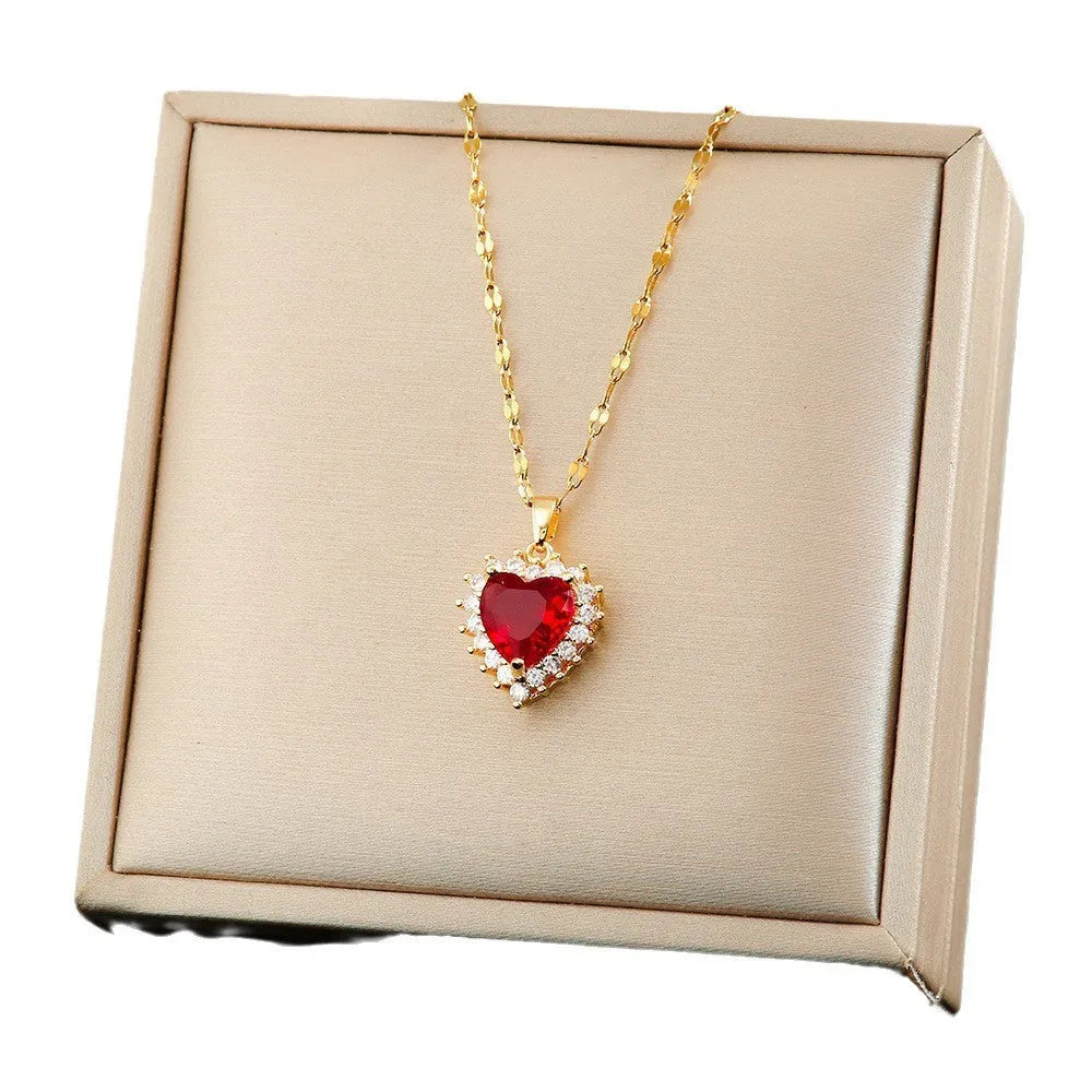 Gold red titanium steel jewellery set with hearts and flowers pendant, necklace, earrings, and ring