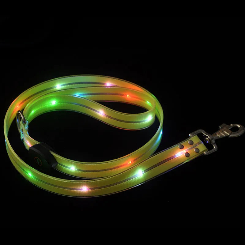 PVC luminous dog leash in fluorescent green, showing hand-held rope design and clasp.