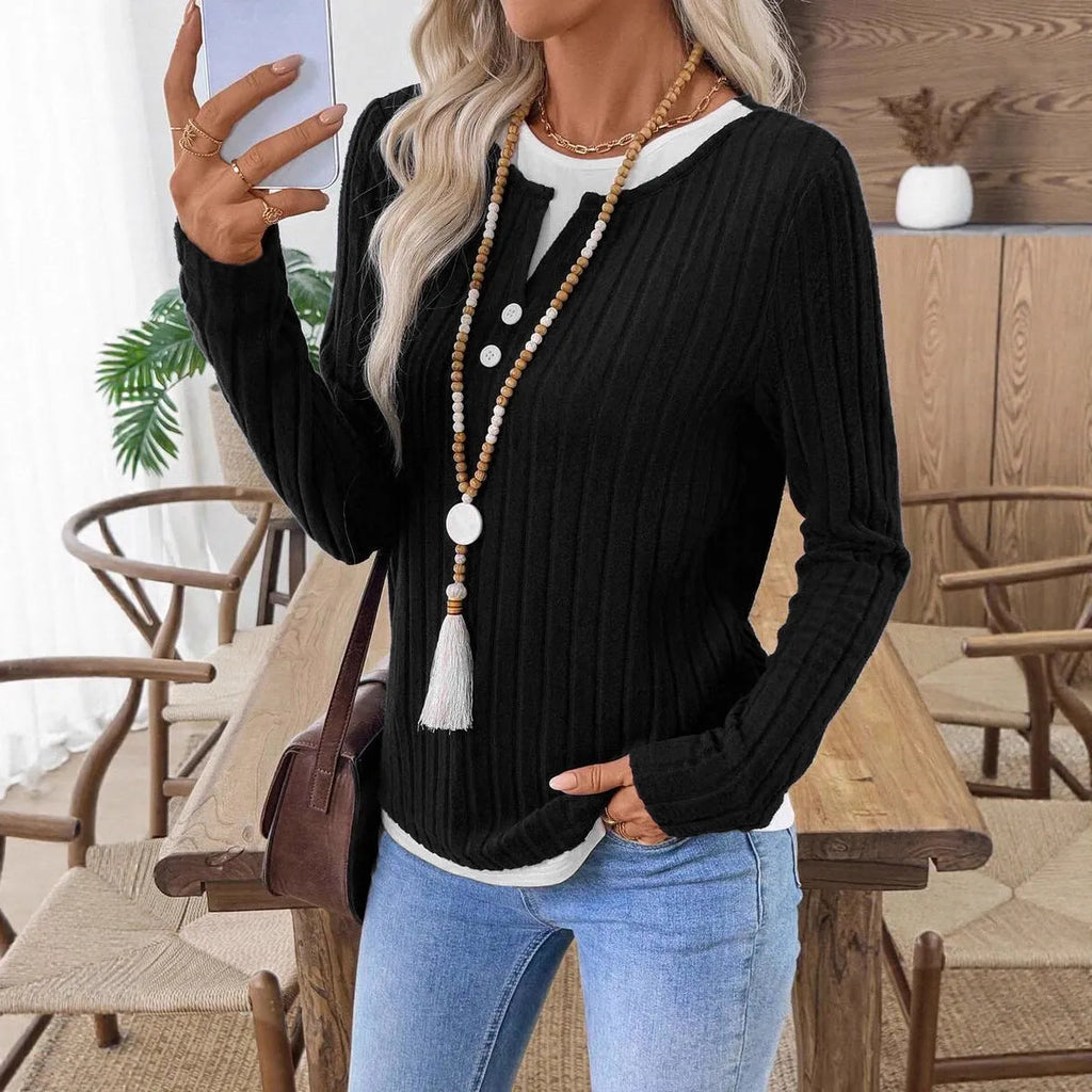 Women's black fake two-piece button pullover sweater with concave stripe texture and long sleeves