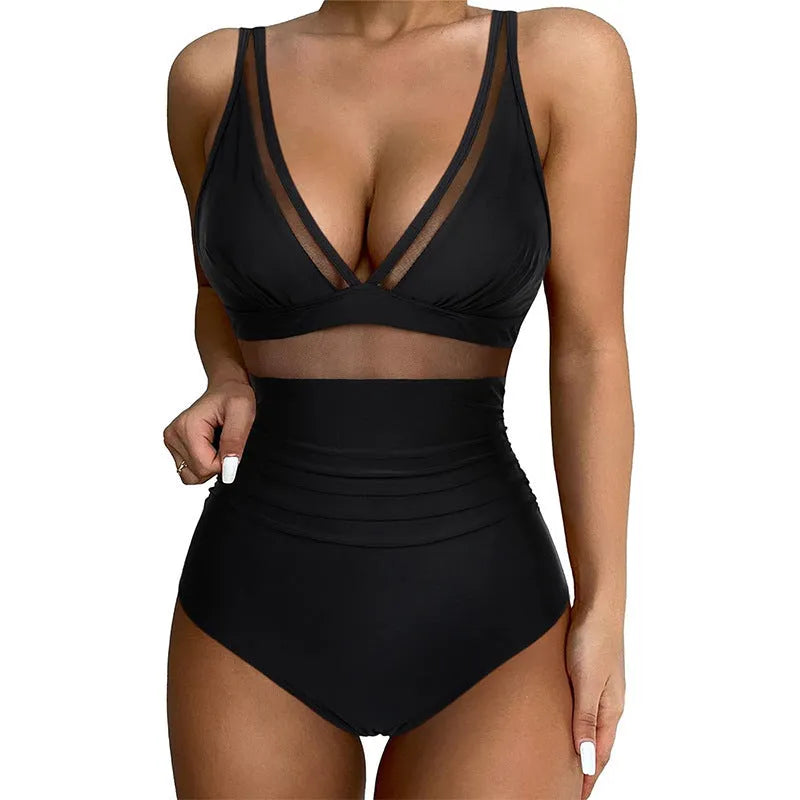 Black women's halter bikini one-piece swimsuit with mesh detailing and briefs style.