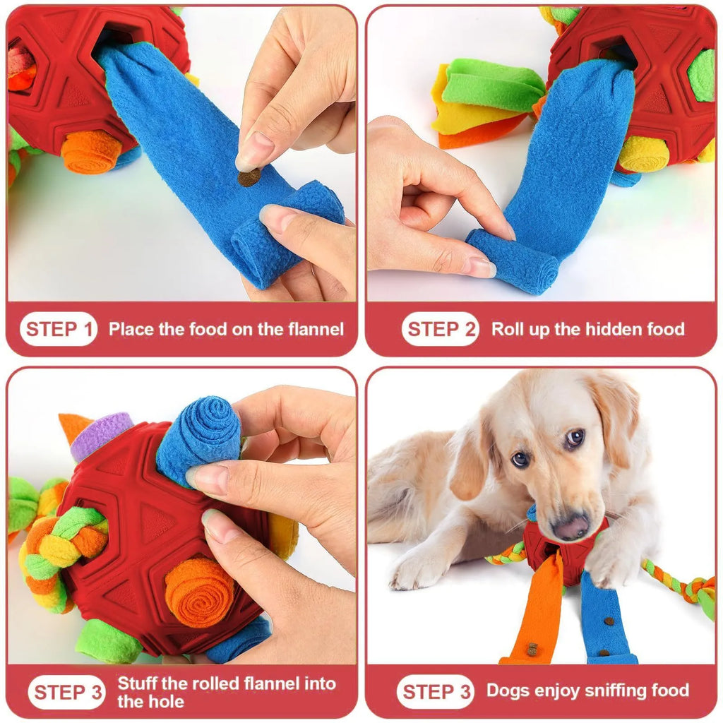Blue pet sniffing ball dog puzzle toy for IQ training with treat compartment.