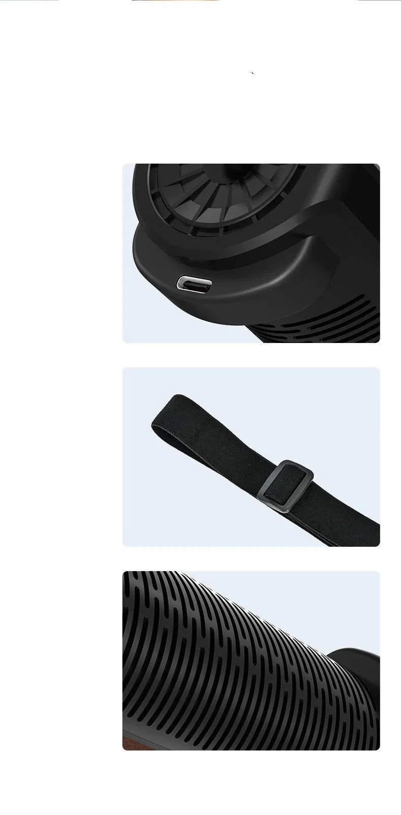 Black bladeless car fan with USB cable showing compact 57mm width design