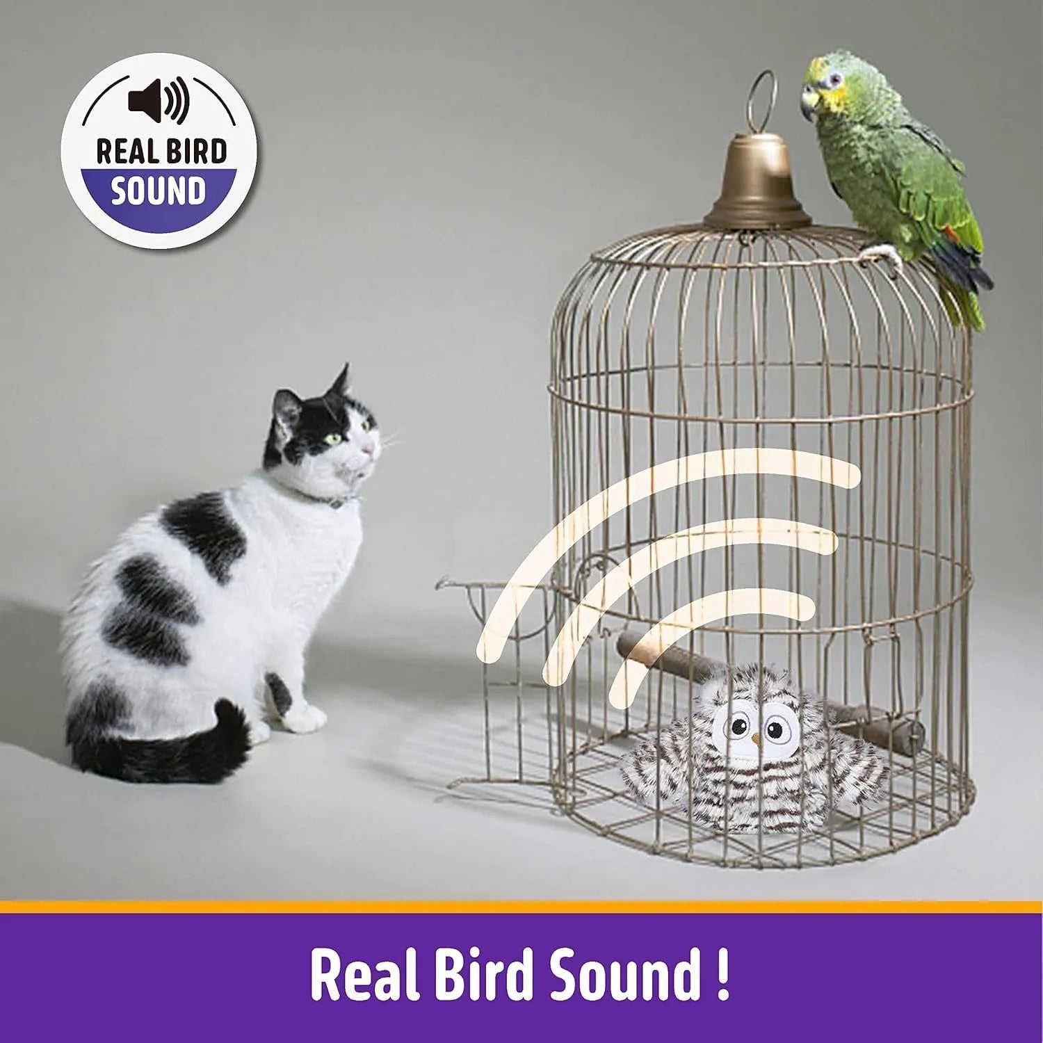 Grey automatic chirping owl cat toy with flapping wings on a plain background