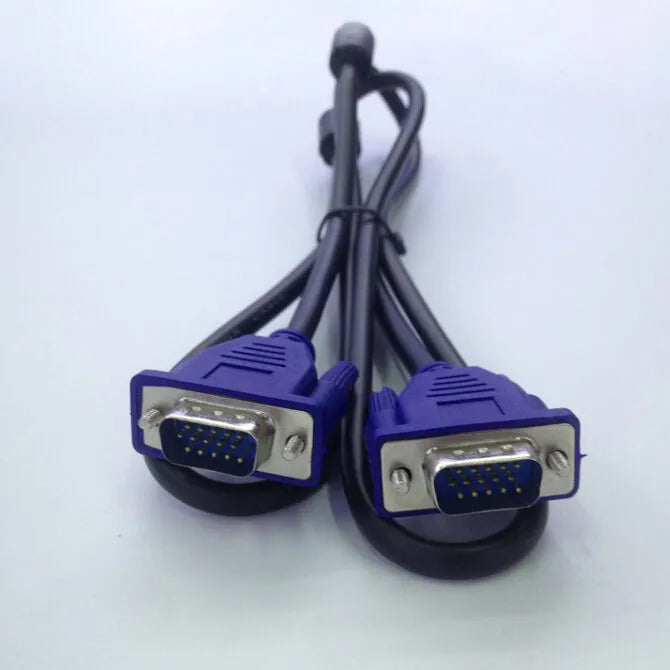Black VGA cable with blue connector housings and nickel-plated terminals for computer monitor connections