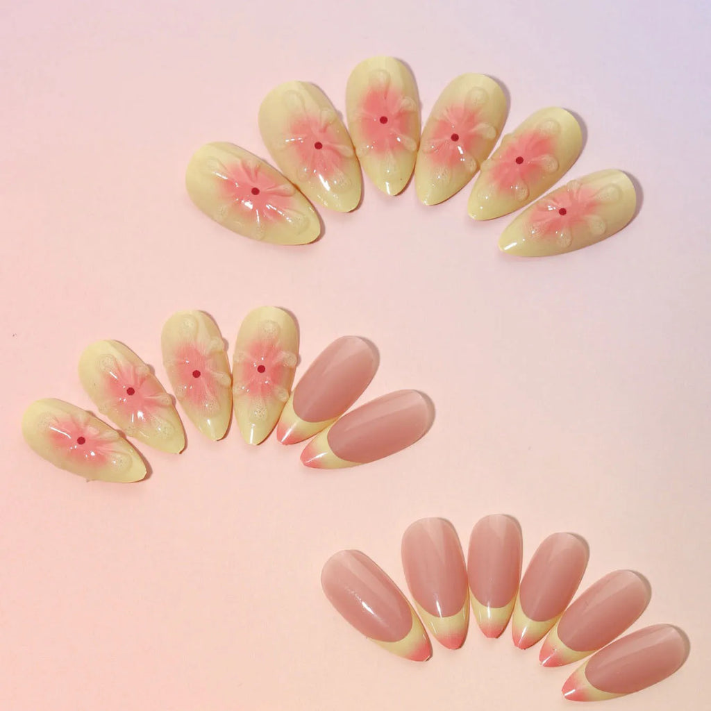 Cartoon style 3D flower pattern false nails set with plastic armour pieces, jelly glue, and filing strip