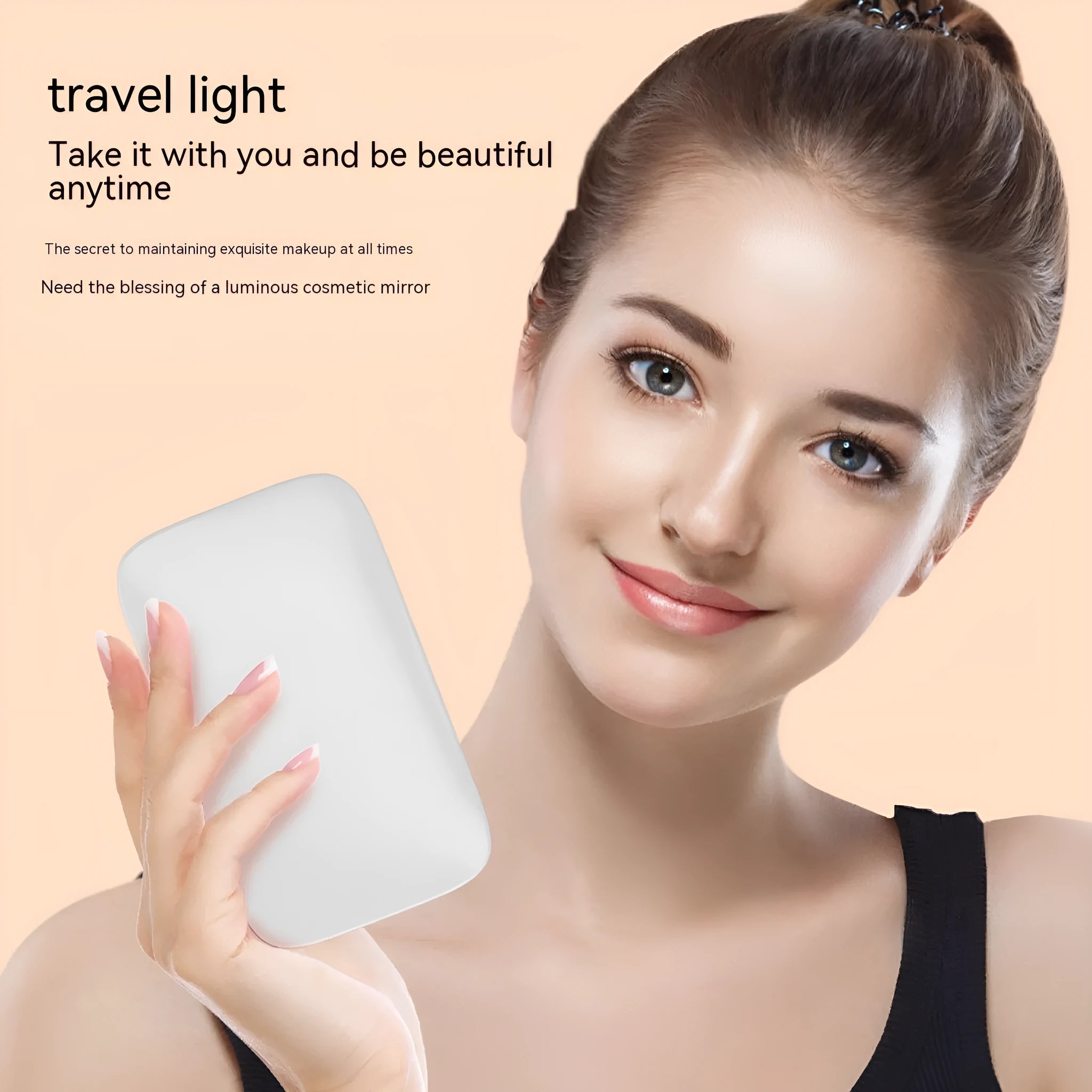 Portable LED make-up mirror with light in black showing double-sided design