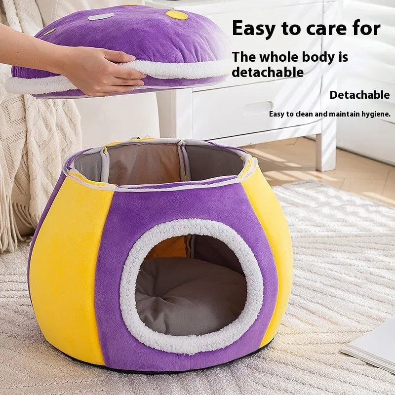 Mushroom-shaped cat bed in rabbit plush material showing grey, pink and purple colour options