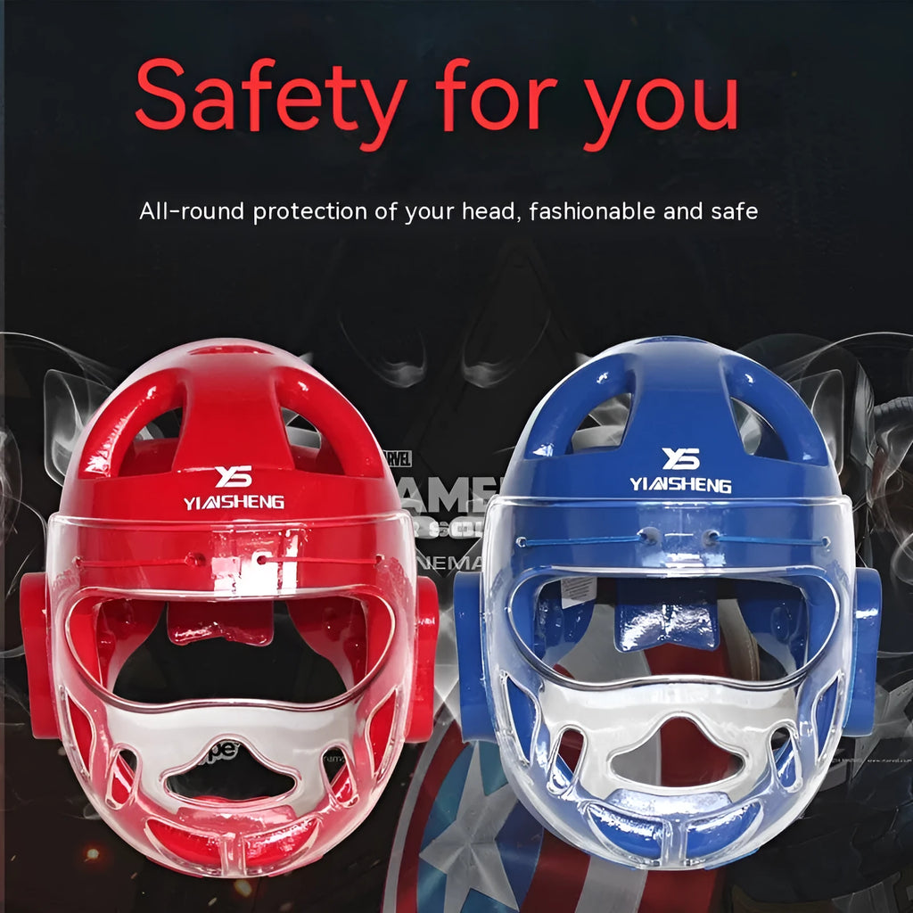 Karate helmet protective equipment in blue colour with adjustable straps and protective padding