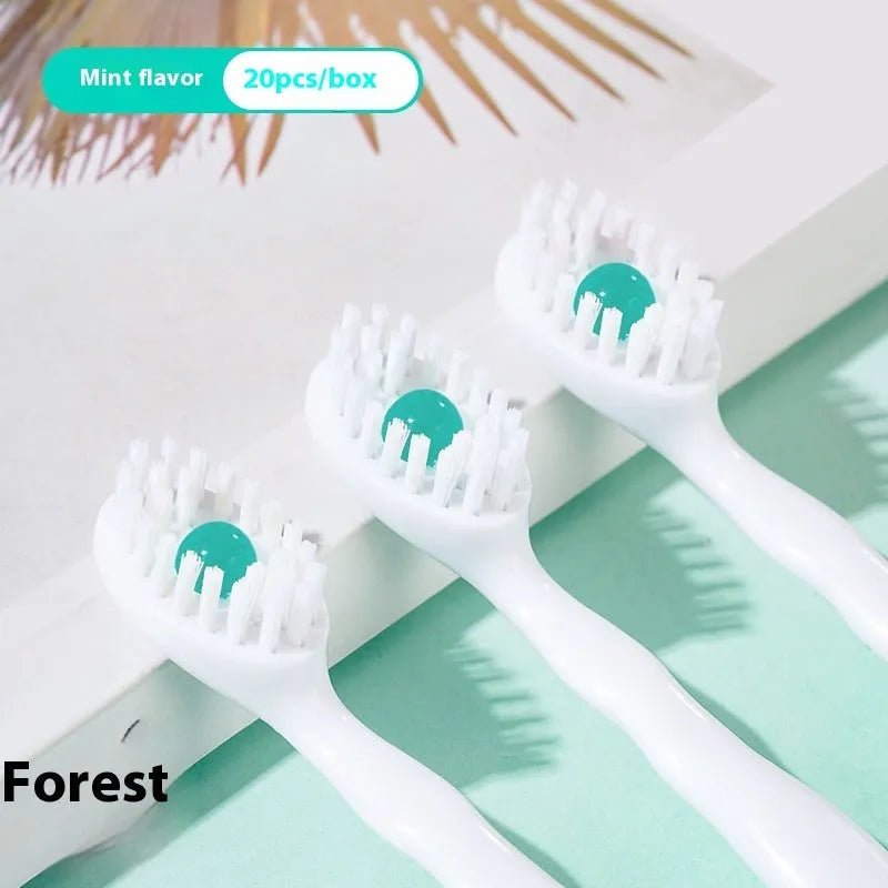 Box of disposable bead toothbrushes showing mint, peach, and plum green tea flavour options for travel.