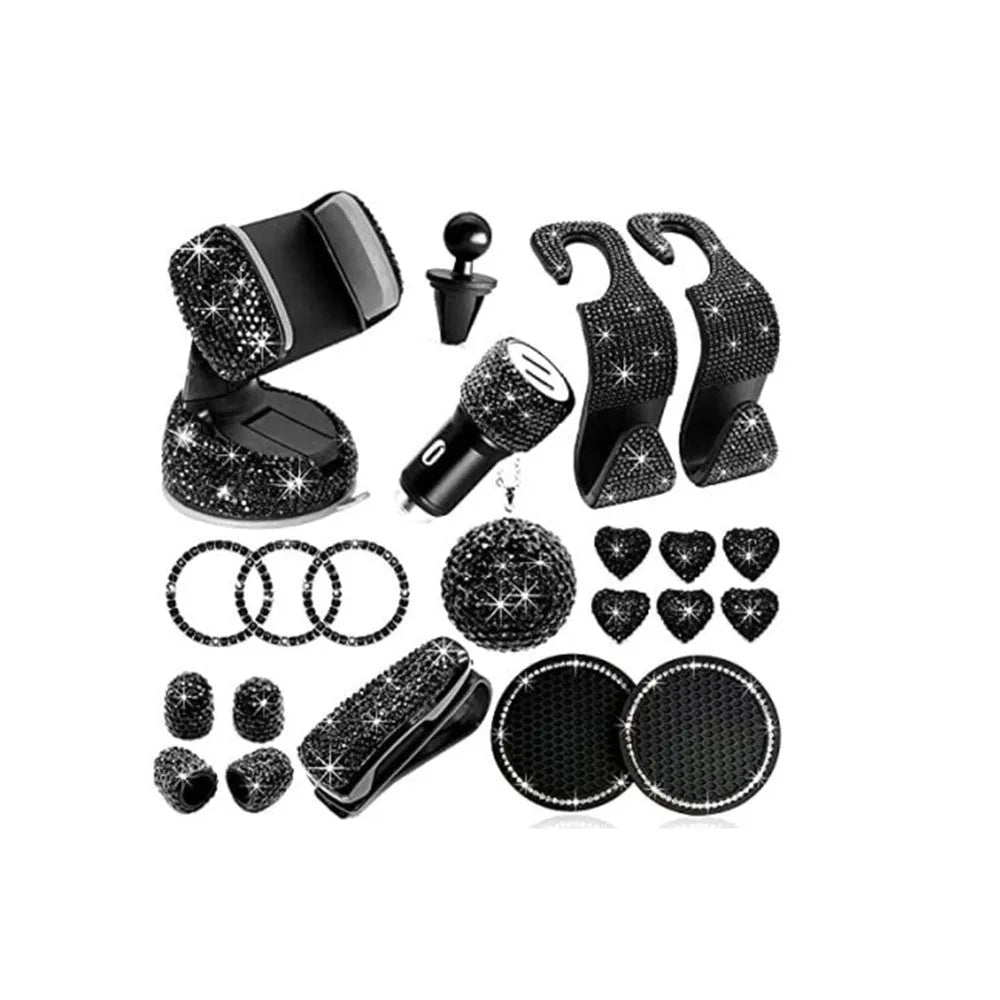 White rhinestone car interior accessories set in cardboard box