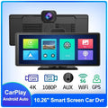 12-inch touch screen car dash cam unit with separate rear camera for front and rear recording.