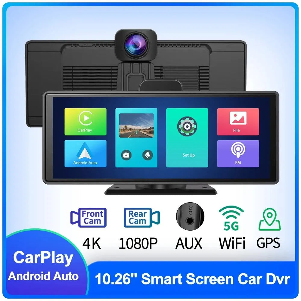 12-inch touch screen car dash cam unit with separate rear camera for front and rear recording.