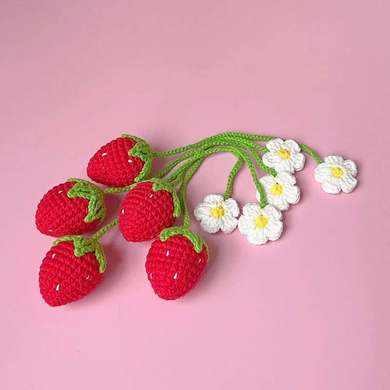 Knitted wool strawberry pendant necklace with 35cm cord and woven charm