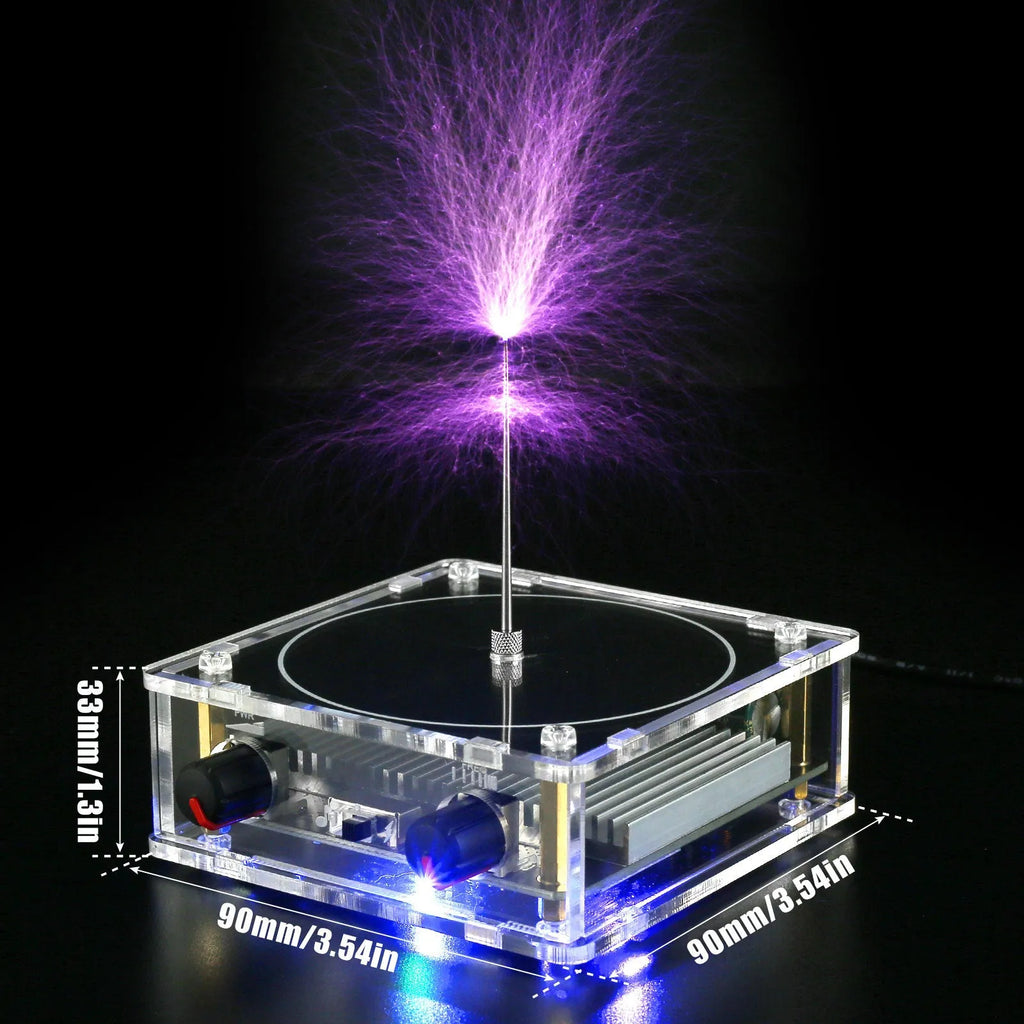 Music tesla coil with touchable arc plasma lightning on a desk next to a power supply