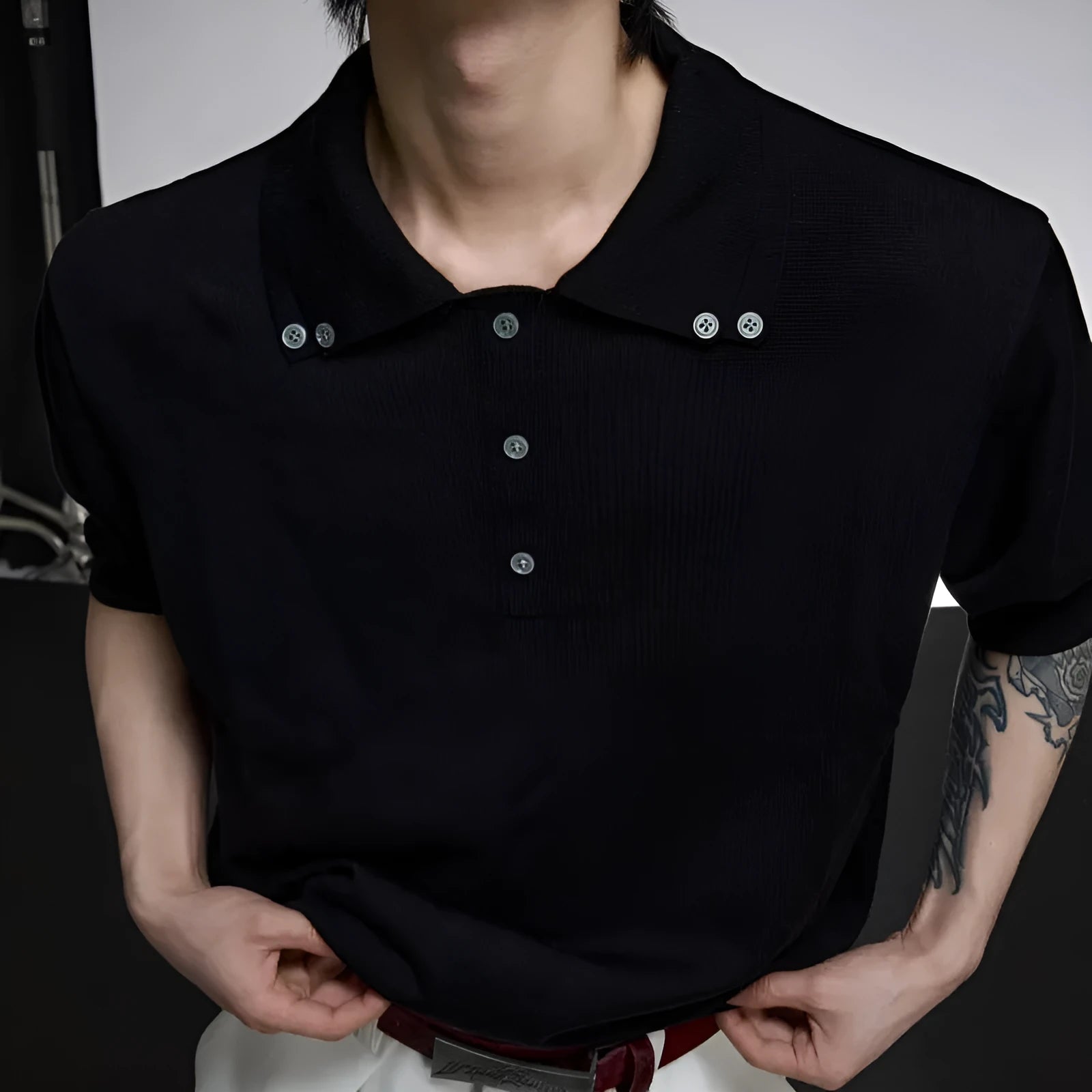 Men's grey slim fit short sleeve polyester shirt with a double collar and lapel design