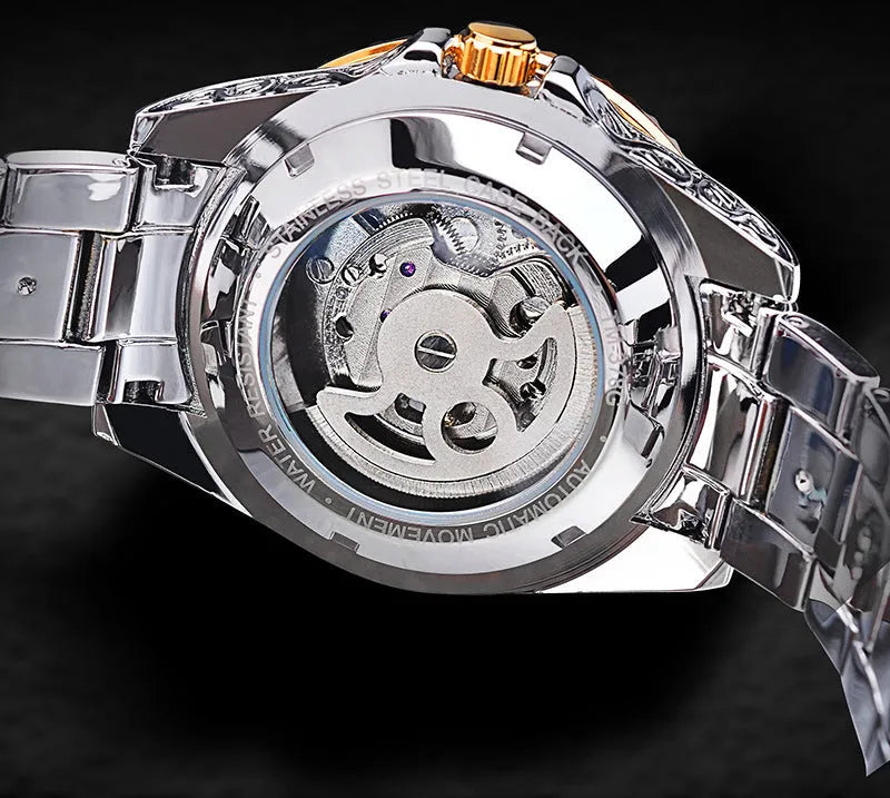 Forsining yellow skeleton tourbillon mechanical watch with stainless steel band and visible movement
