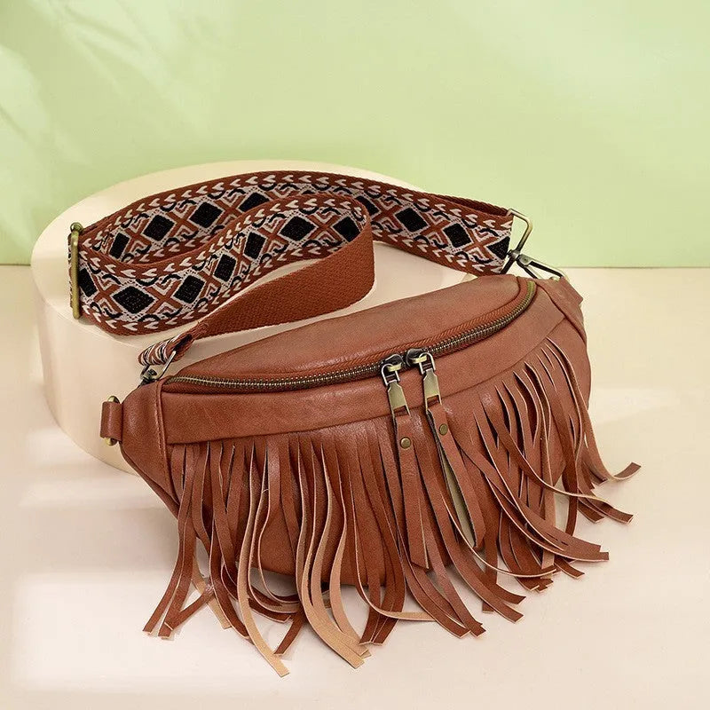 PU leather messenger bag with tassel pleats and retro styling in macaron-gray colour