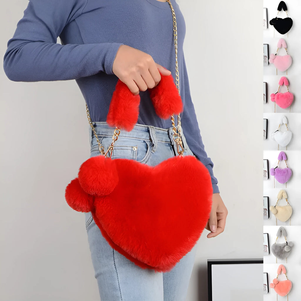 Heart-shaped women's plush handbag with shoulder strap in multiple colour options