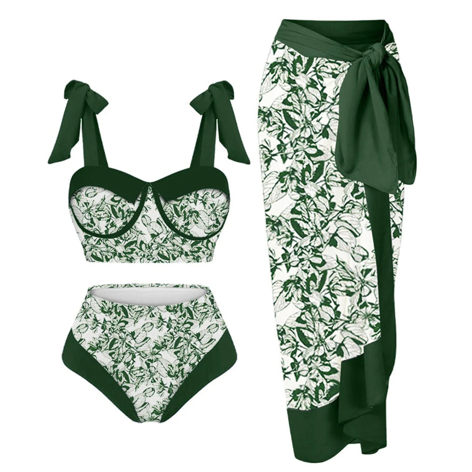 Women's three-piece swimsuit set with printing pattern showing skirt, bra and panties components