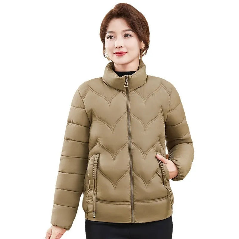 Women's loose fit pure cotton stand collar top in solid colour with long sleeves