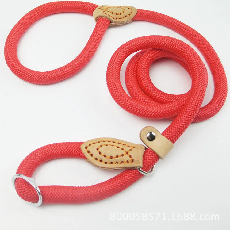 Brown nylon dog leash with chain section and rope handle, 2.1 metres long