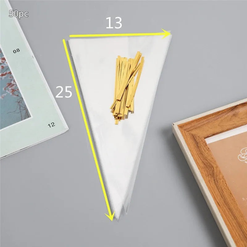 Triangle transparent plastic packaging bag with wire tie closure showing geometric shape