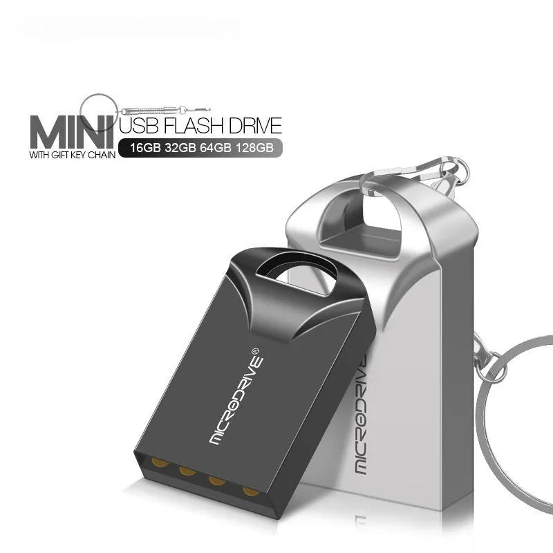 Compact black and silver metal USB flash drive showing mini size and high-speed capacity options.